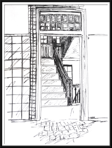 Ink sketch of stairs in art building